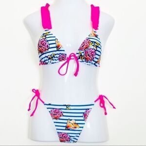 Neon Pink Ruffle Shoulder Floral Stripe Bikini, XL